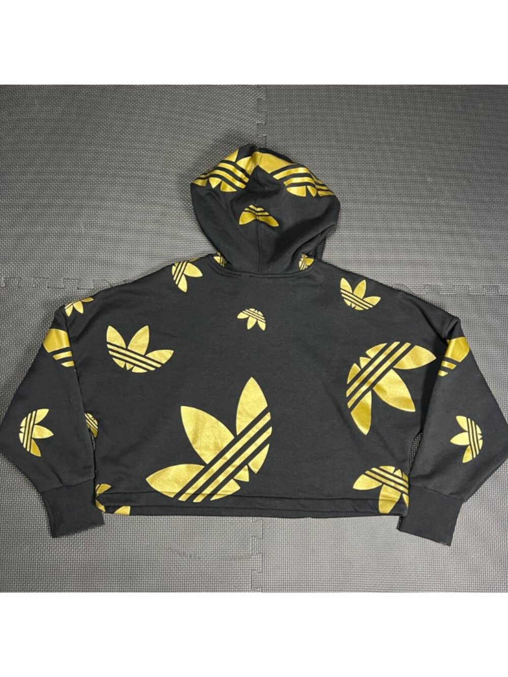 Adidas Black & Gold Trefoil Logo Cropped Hoodie Womens L - Picture 2 of 5